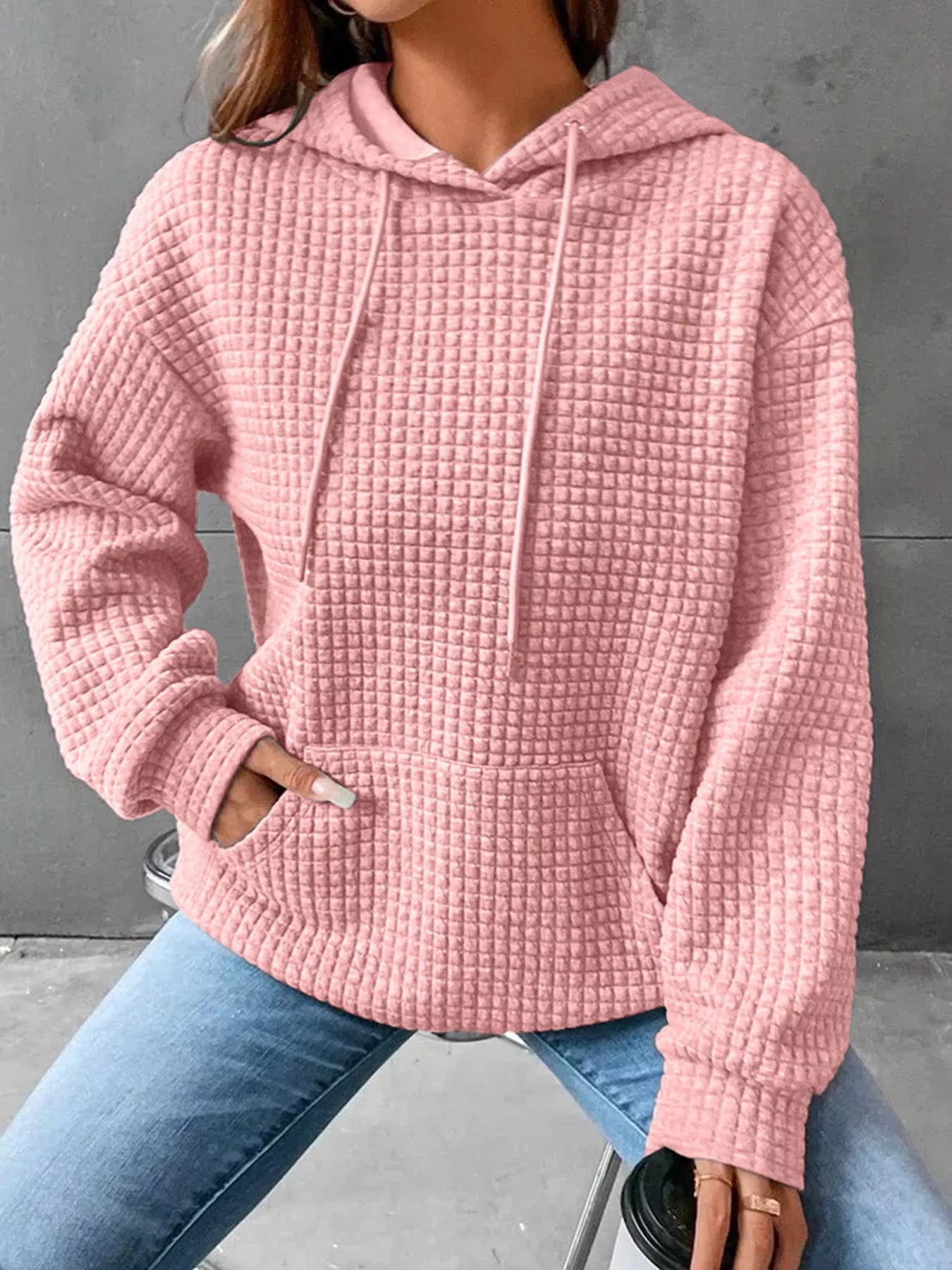Full Size Textured Kangaroo Pocket Hoodie Plus Size – view 9 | Lola Mariee