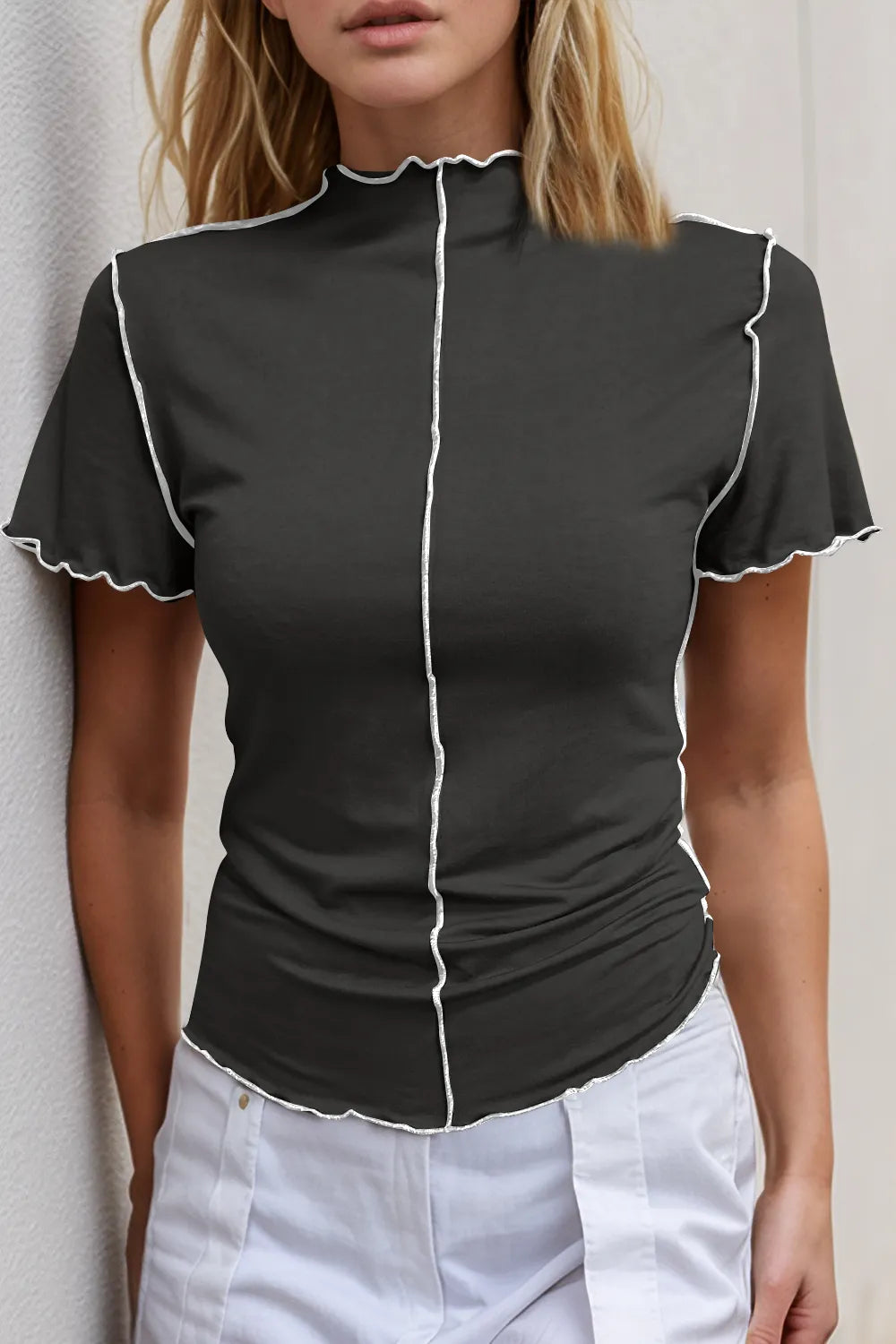 Basic Bae Contrast Trim Mock Neck Short Sleeve T-Shirt – view 7 | Lola Mariee