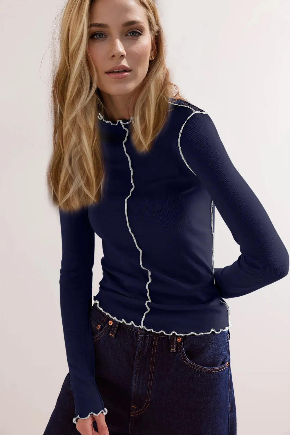 Basic Bae Contrast Trim Mock Neck Long Sleeve T-Shirt – view 5 | Lola Mariee