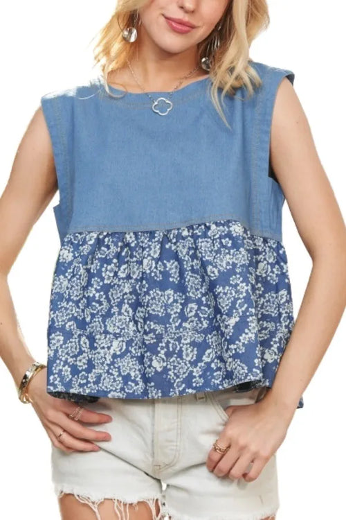 ADORA Sleeveless Denim Contrast Top – view 2 | Lola Mariee