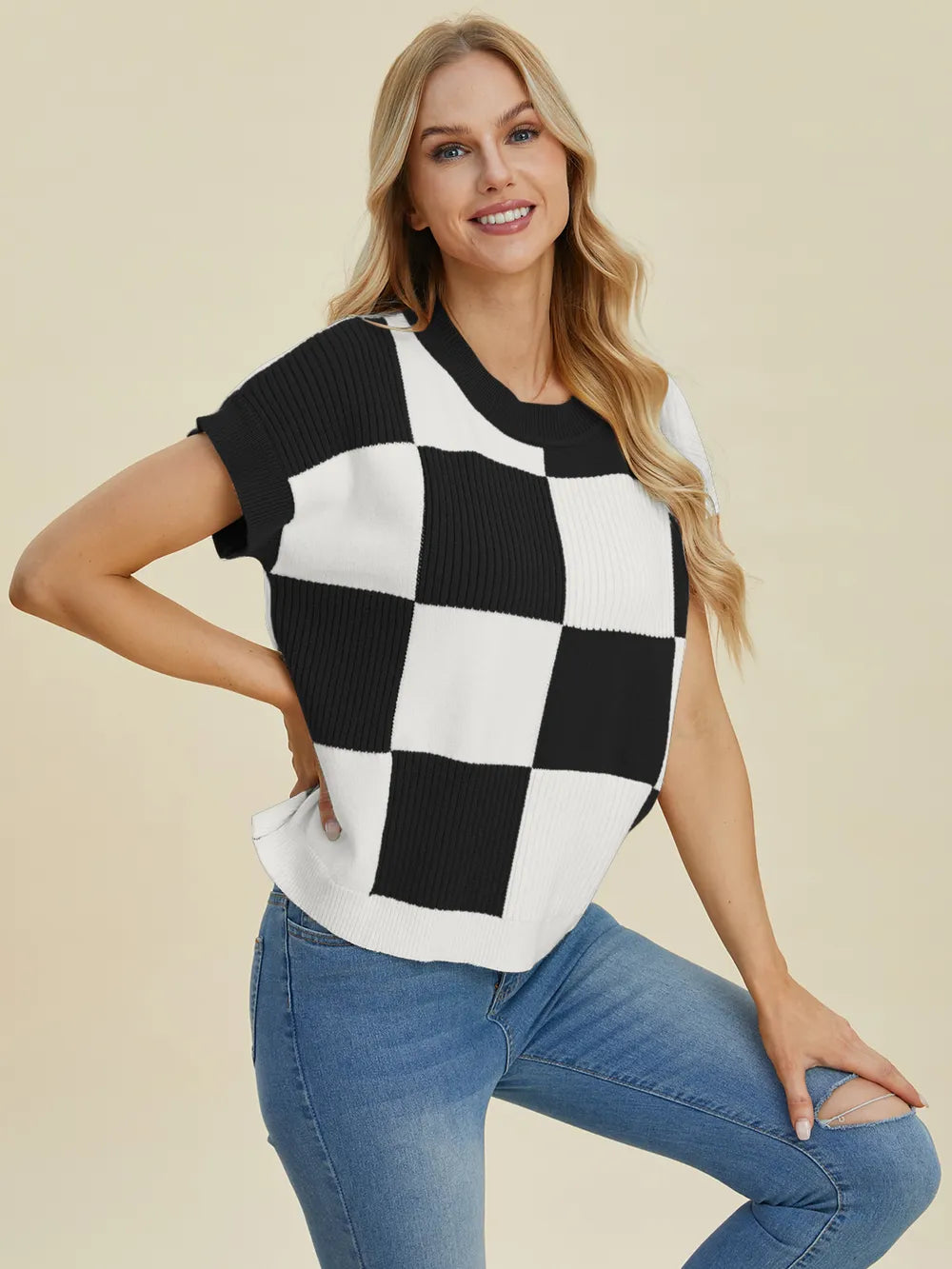 Double Take Full Size Checkered Round Neck Short Sleeve Sweater – view 8 | Lola Mariee