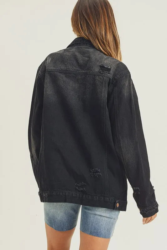 RISEN Full Size Distressed Long Sleeve Denim Jacket - LOLA MARIEE | Lola Mariee