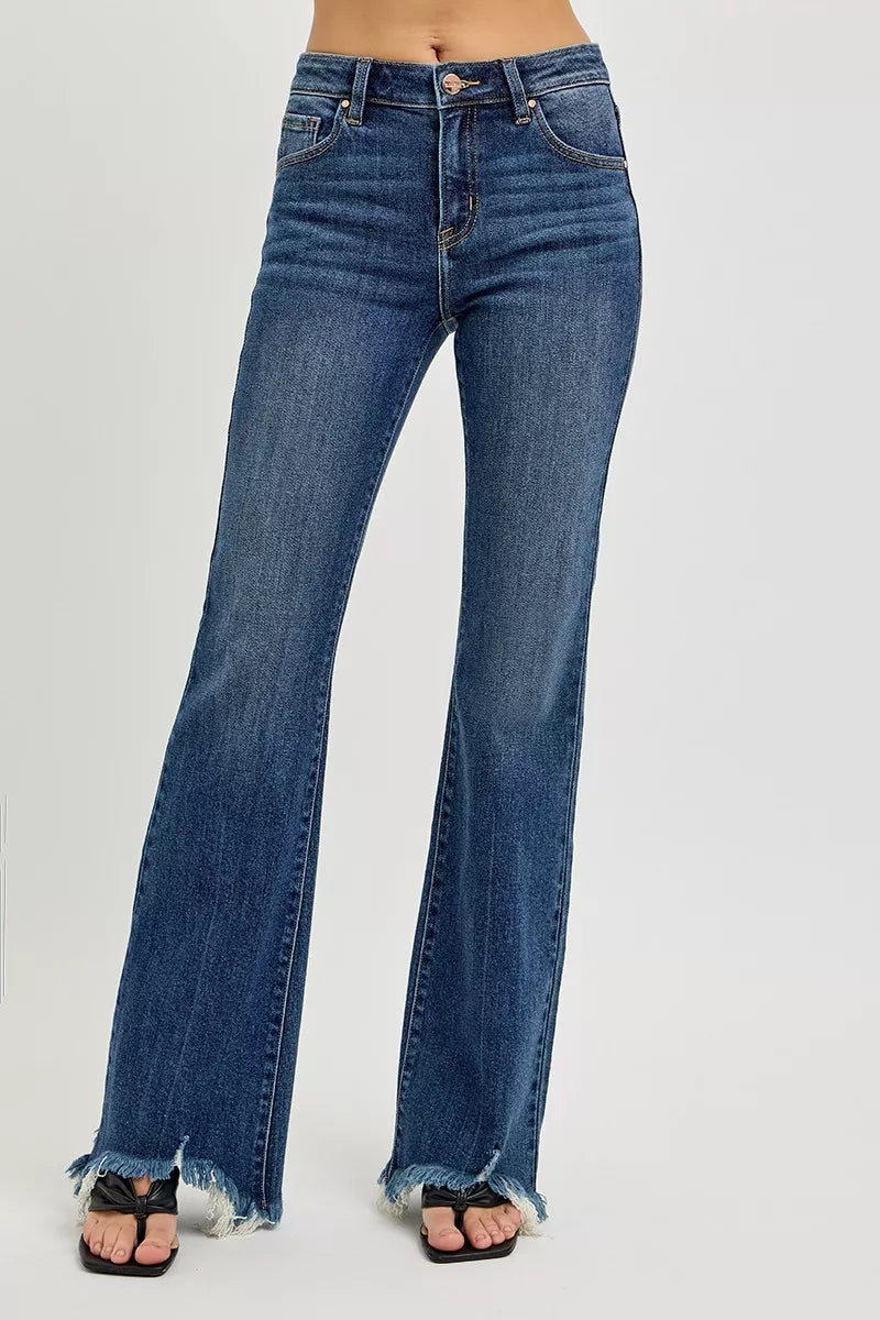 RISEN Full Size Mid Rise Flare Frayed Hem Jeans Plus Size - women's bottoms at Lola Mariee boutique