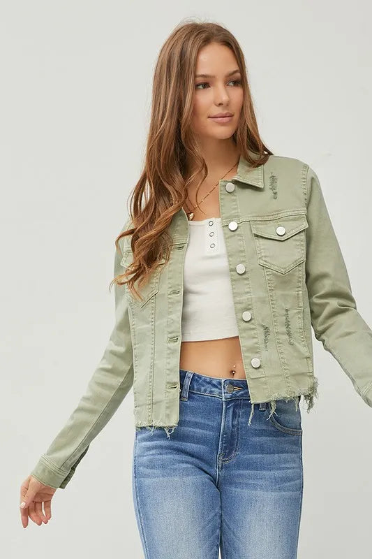 RISEN Full Size Raw Hem Button Up Cropped Denim Jacket Plus Size - women's top at Lola Mariee boutique