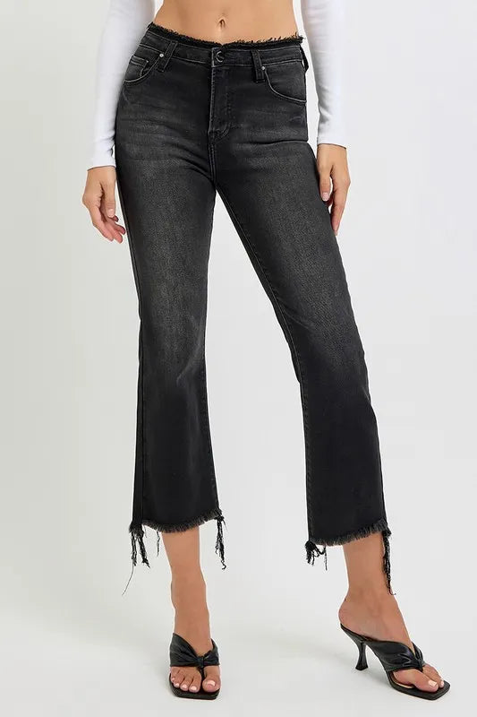 RISEN Full Size Raw Hem Cropped Flare Jeans Plus Size - women's top at Lola Mariee boutique