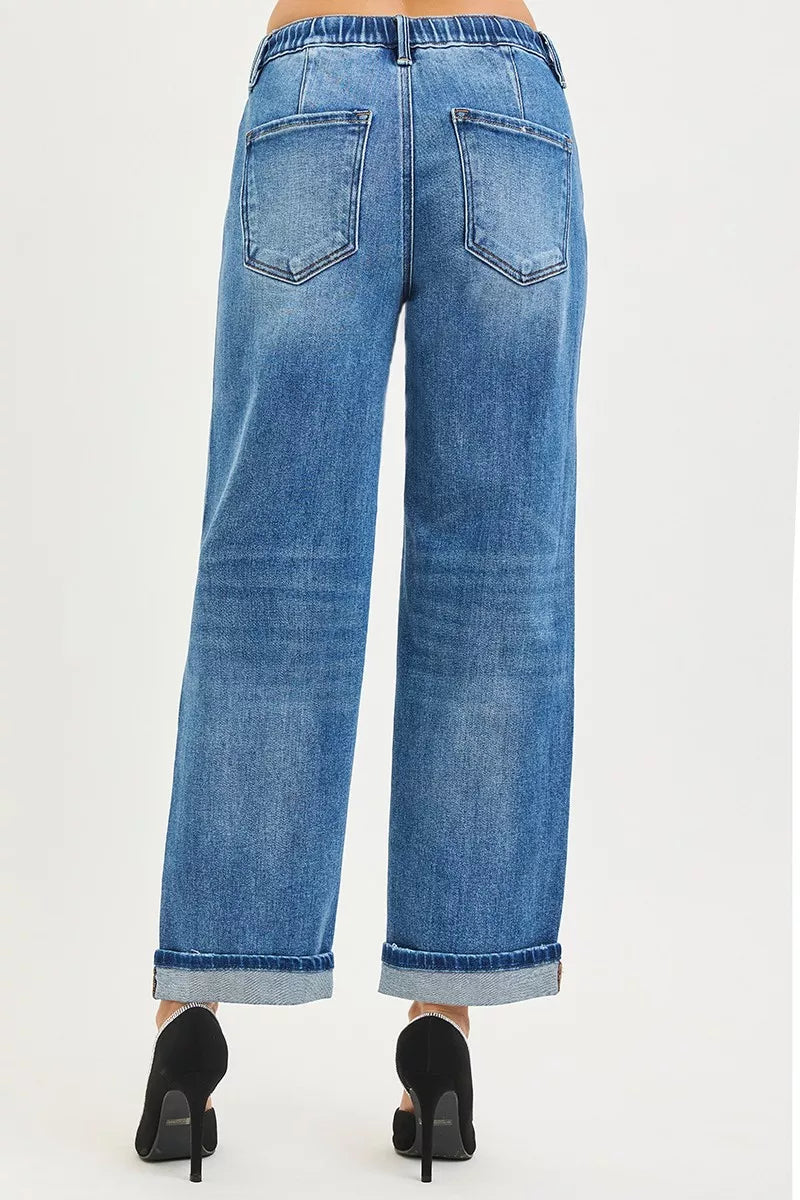 RISEN Elastic Band Slouch Ankle Boyfriend Cuffed Hem Jeans - LOLA MARIEE | Lola Mariee
