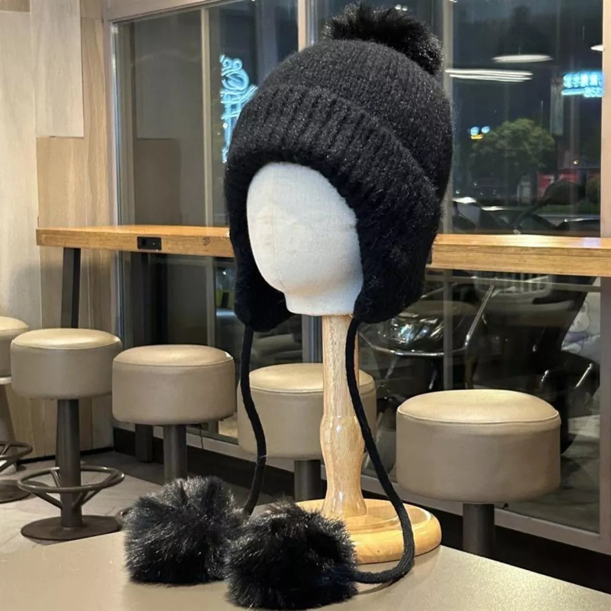 Warm Knitted Beanie Hat with Pom Pom Ear Flaps – view 4 | Lola Mariee