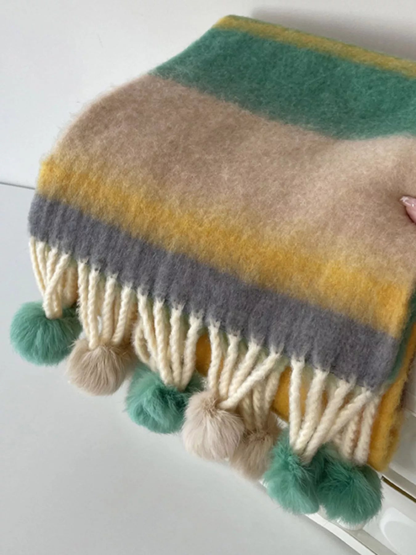 Rainbow Striped Fuzzy Scarf with Pom-Poms – view 8 | Lola Mariee