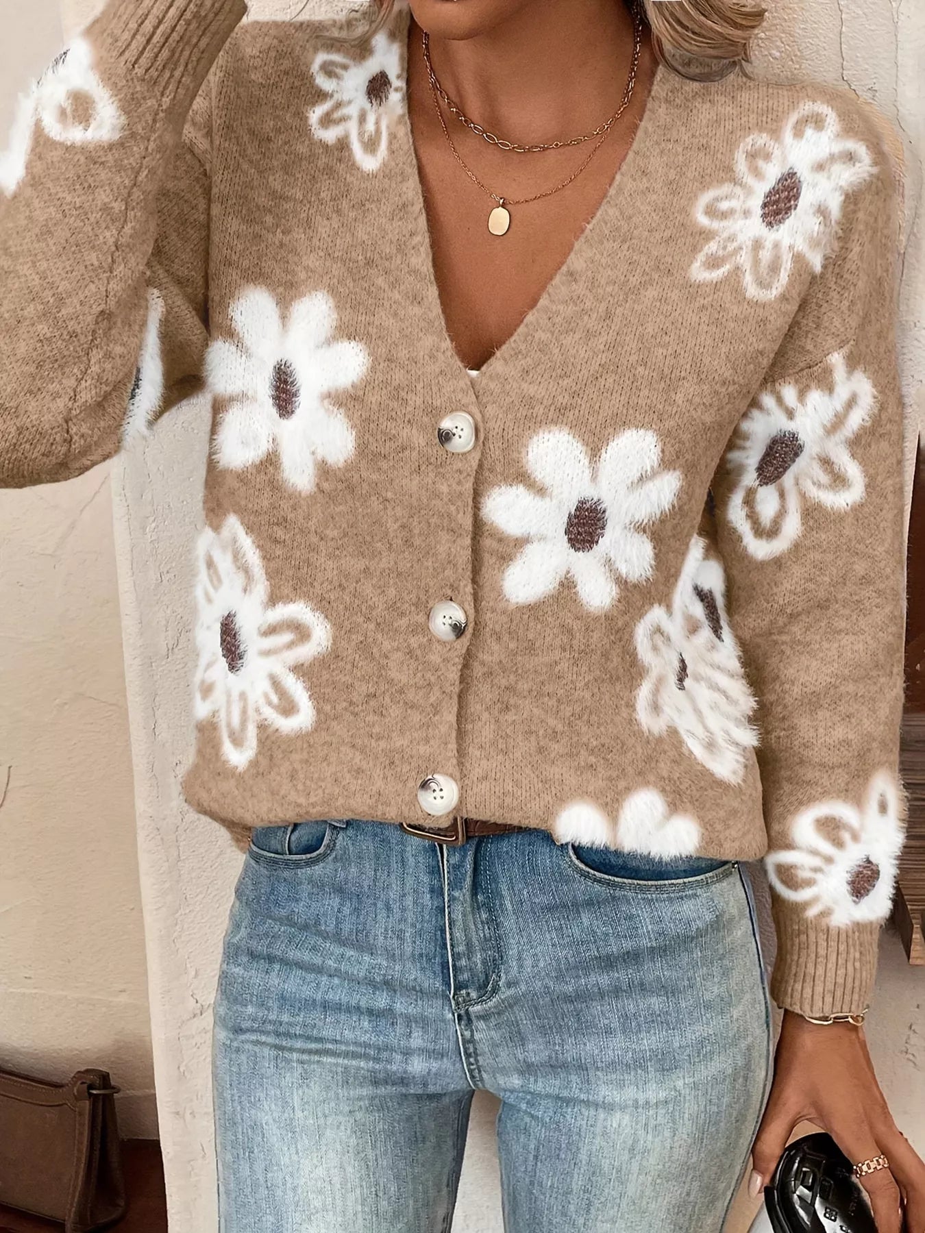 Floral Print Button-Up Knit Cardigan – view 5 | Lola Mariee