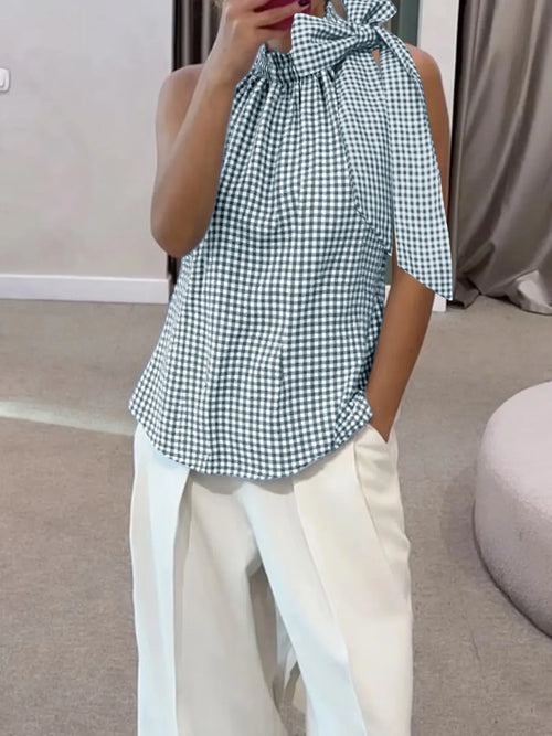 Asymmetric Gingham Bow Tie Sleeveless Top – view 2 | Lola Mariee