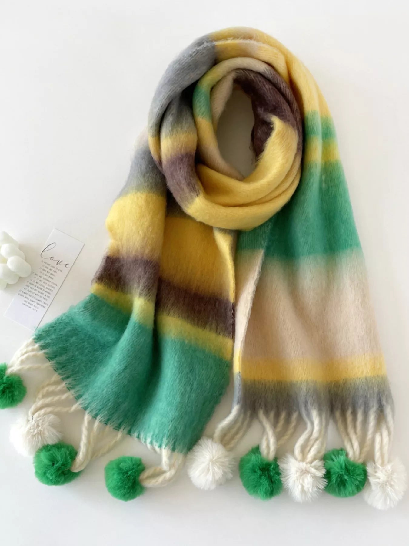 Rainbow Striped Fuzzy Scarf with Pom-Poms – view 3 | Lola Mariee