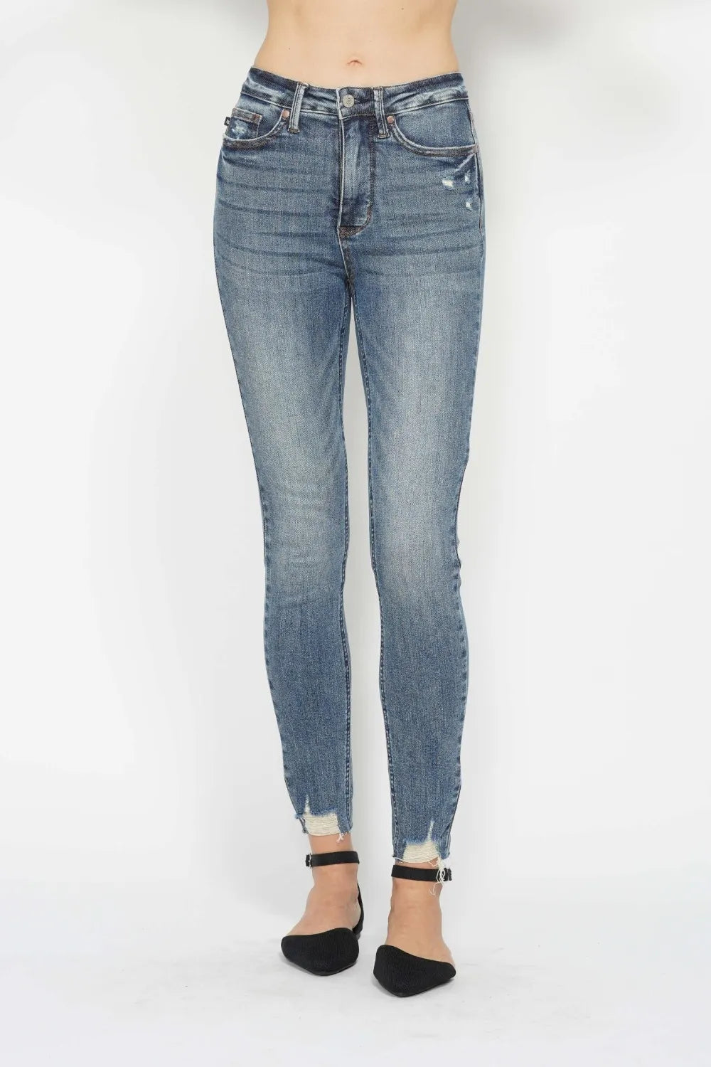 Judy Blue Full Size Tummy Control Vintage Wash Hem Destroy Skinny Jeans - women's bottoms at Lola Mariee boutique