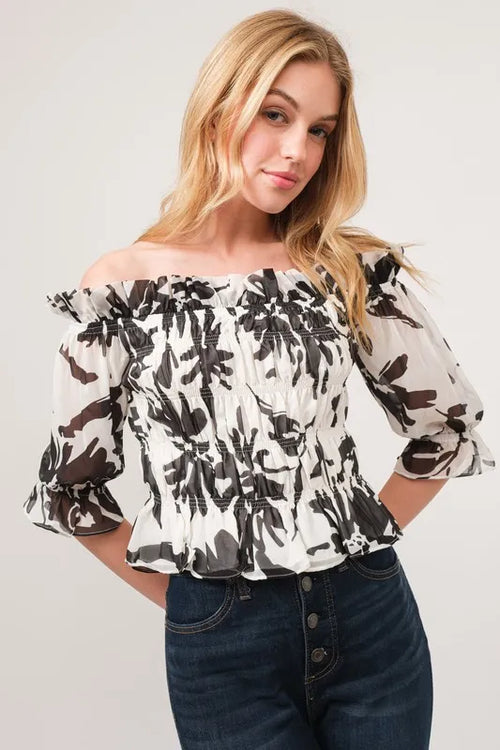 And The Why Smocked Off-Shoulder Floral Printed Top | Lola Mariee
