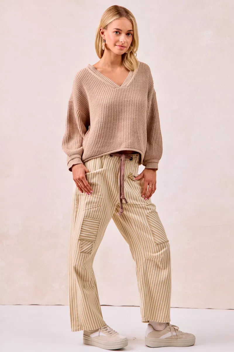 BiBi Drawstring Striped Twill Barrel Pants - Trendsi | Lola Mariee