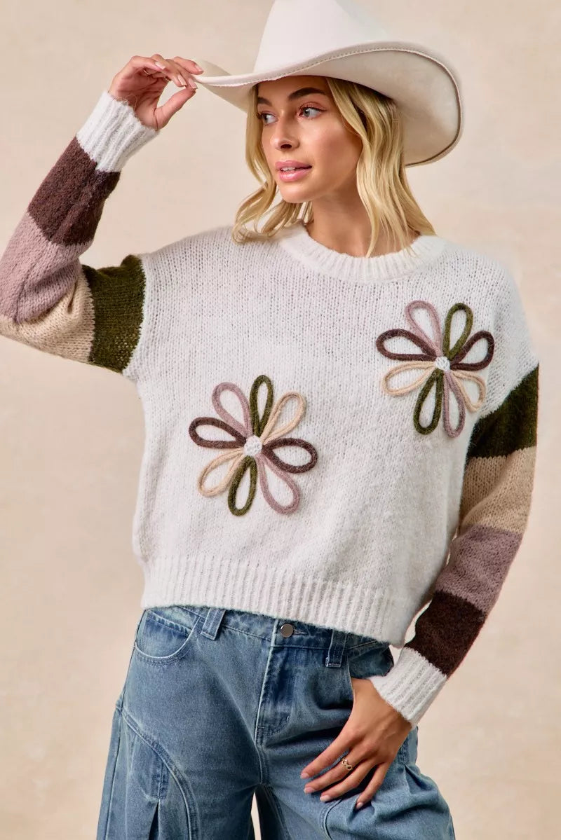 BiBi Flower Color Block Sweater - Trendsi | Lola Mariee