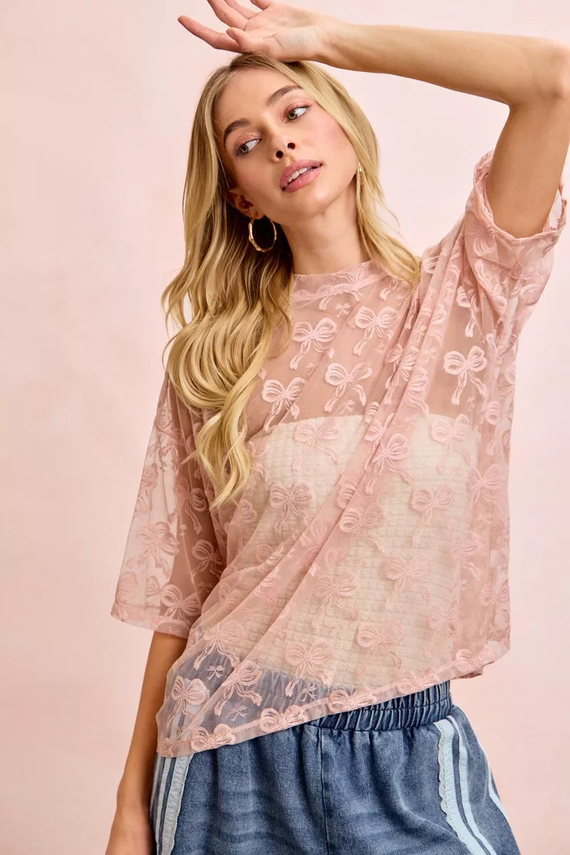 BiBi Bow Pattern Short Sleeves Boxy Mesh Top - Trendsi | Lola Mariee