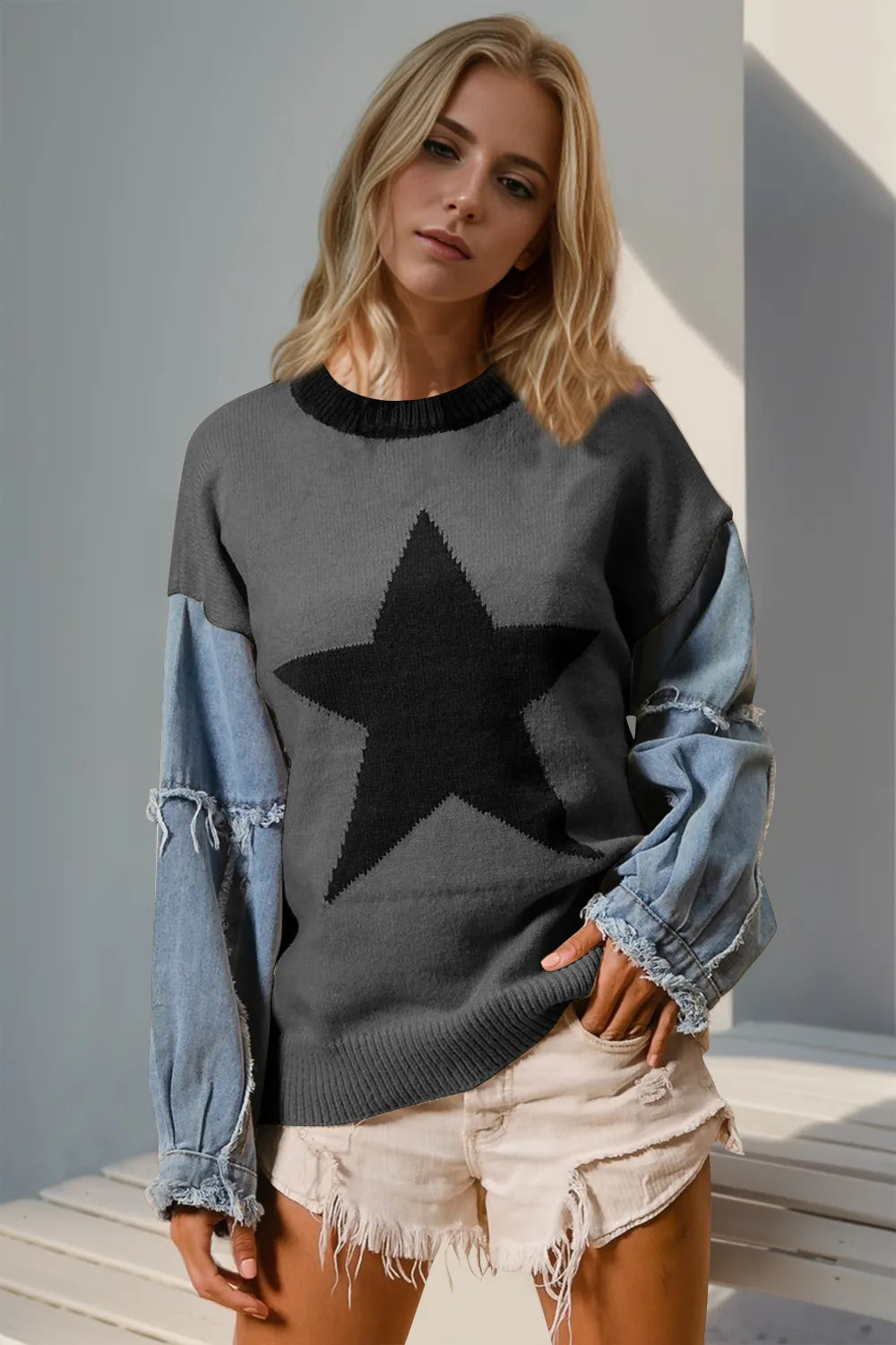 Double Take Full Size Star Pattern Raw Edge Long Sleeve Sweater | Lola Mariee