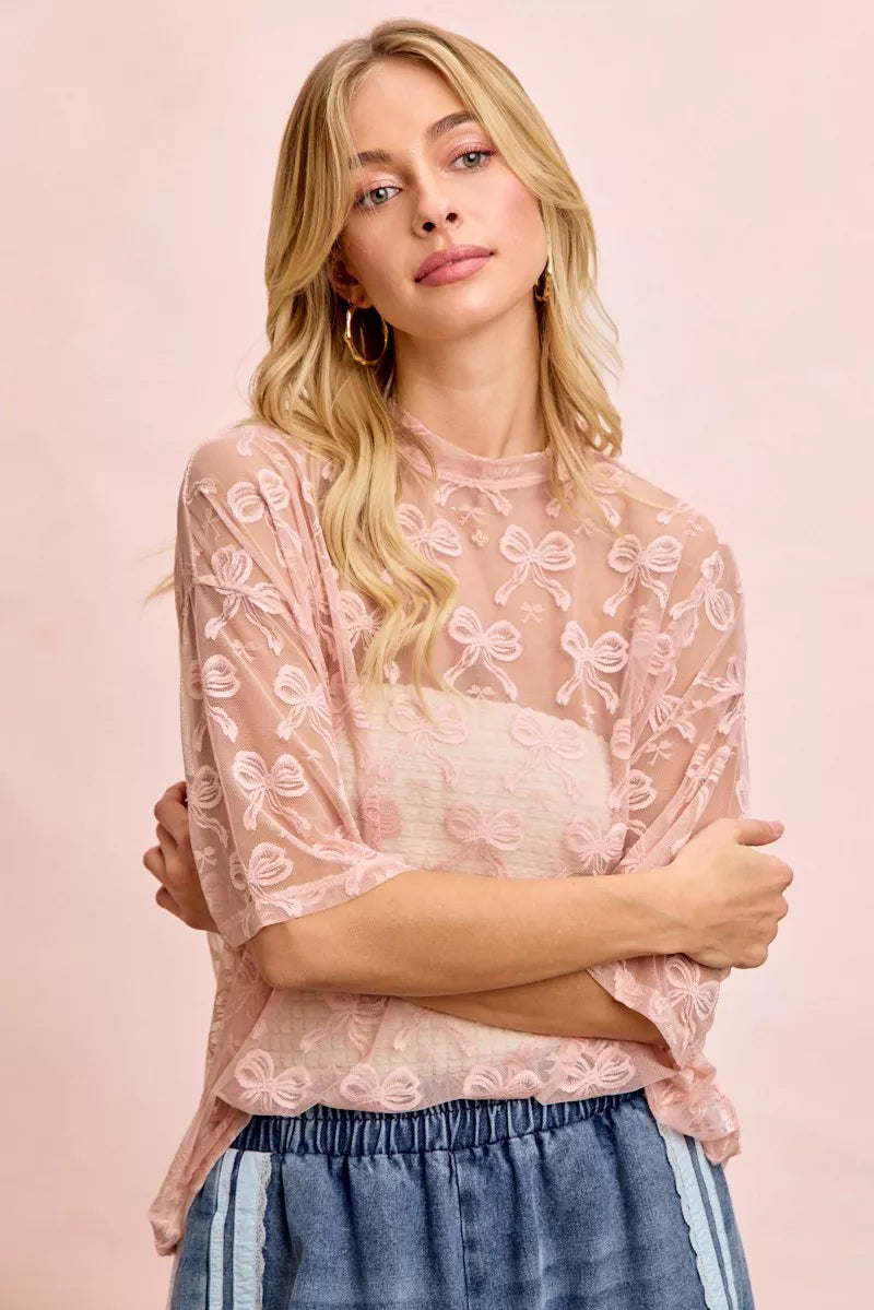 BiBi Bow Pattern Short Sleeves Boxy Mesh Top - Trendsi | Lola Mariee
