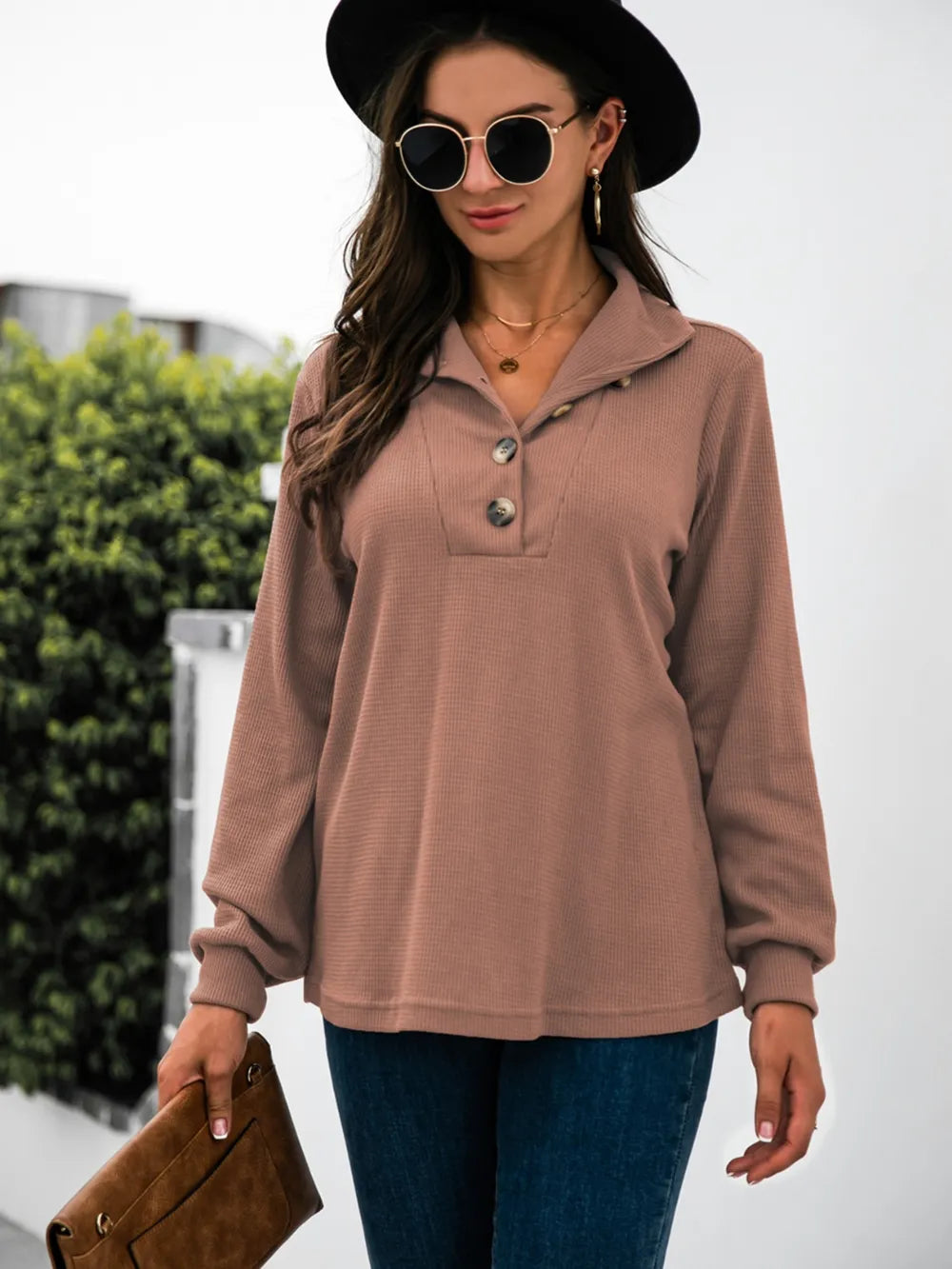 Half Button Long Sleeve T-Shirt - Trendsi | Lola Mariee