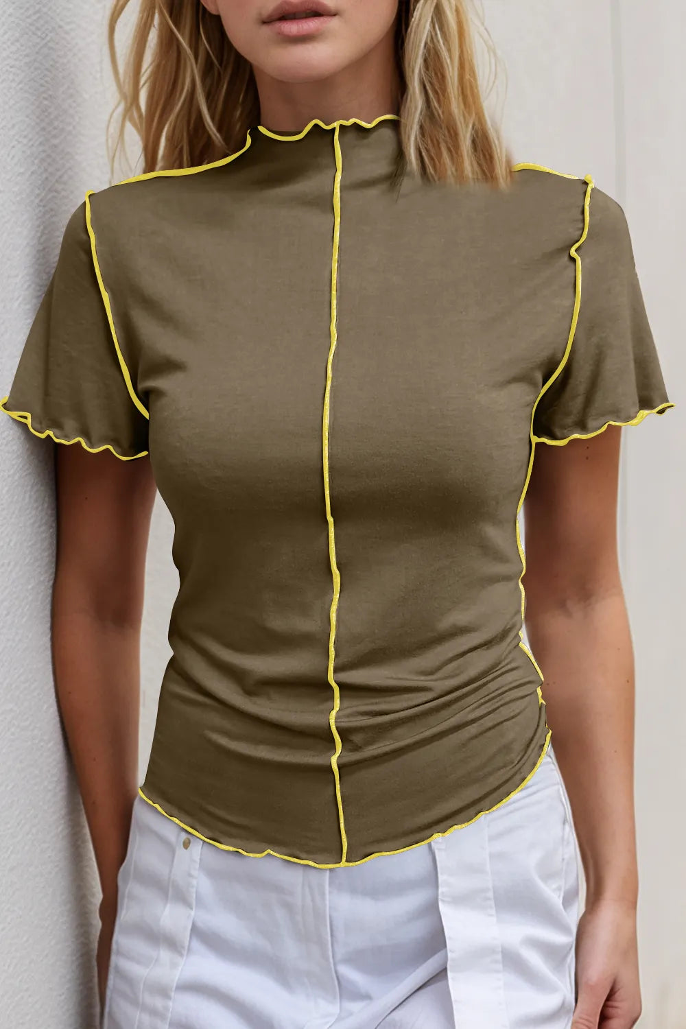 Basic Bae Contrast Trim Mock Neck Short Sleeve T-Shirt – view 9 | Lola Mariee