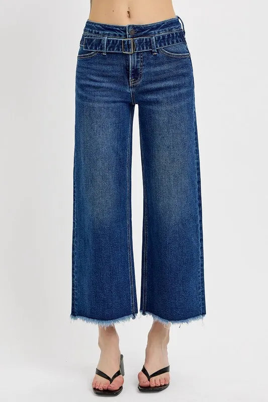 RISEN Raw Hem Wide Leg Attached Buckle Jeans - women's bottoms at Lola Mariee boutique