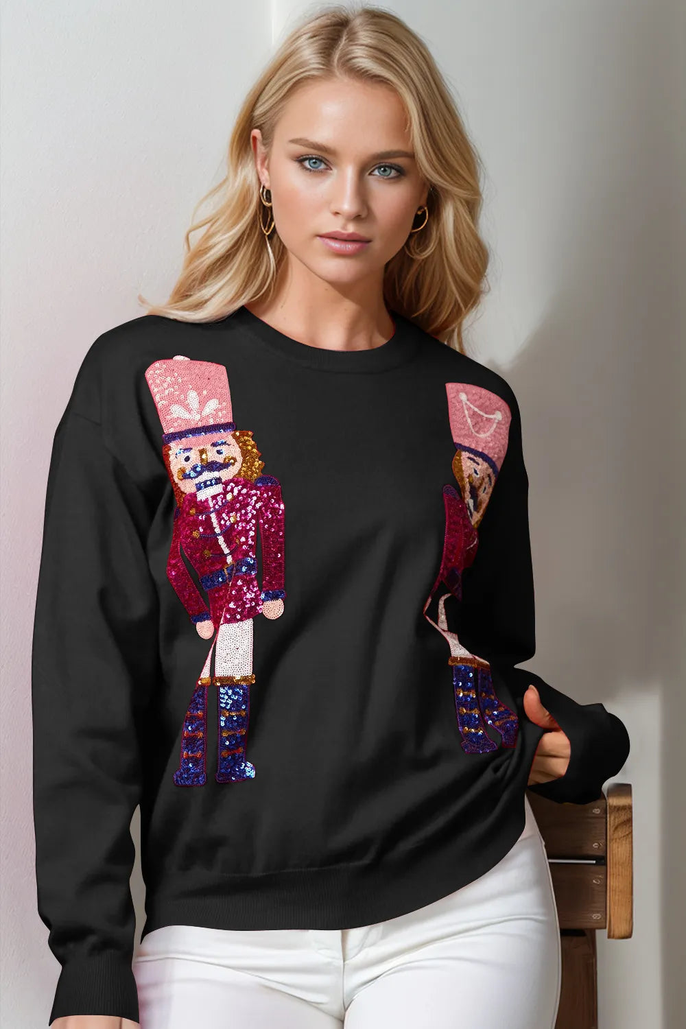 Double Take Full Size Nutcracker Sequin Long Sleeve Sweater – view 7 | Lola Mariee