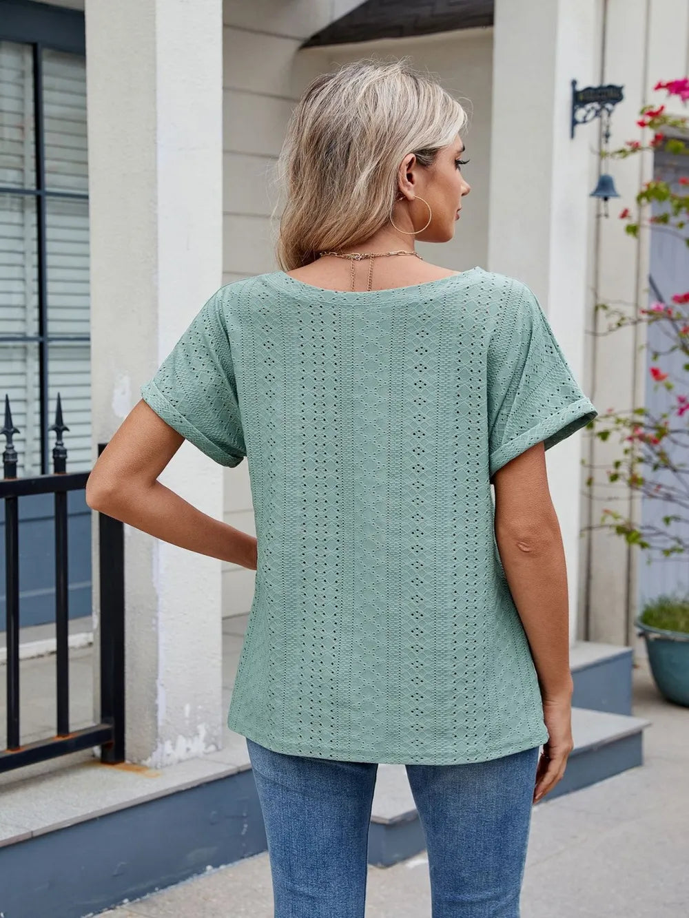 Eyelet Round Neck Short Sleeve Top - Trendsi | Lola Mariee