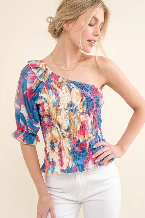 And The Why Allover Floral Print Smocked One Shoulder Blouse | Lola Mariee