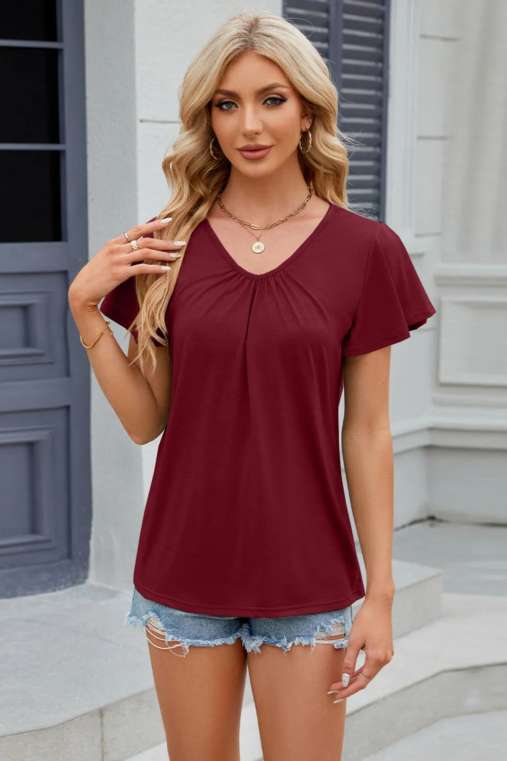 V-Neck Short Sleeve T-Shirt - Trendsi | Lola Mariee