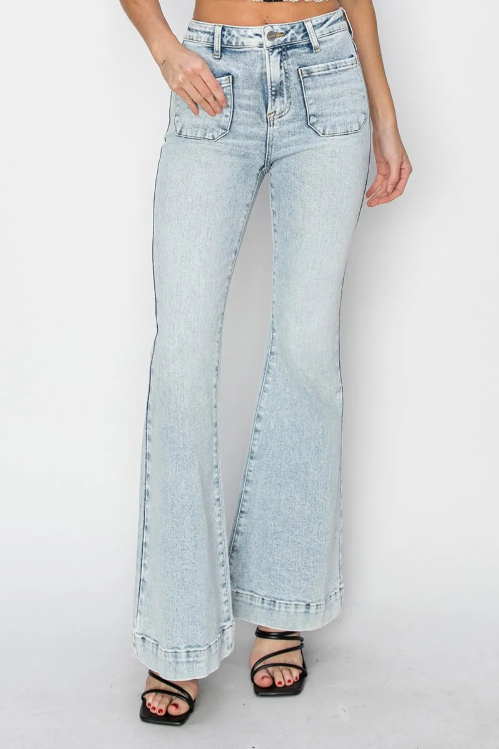 Risen Full Size High Rise Front Patch Pocket Flare Jeans - women's bottoms at Lola Mariee boutique