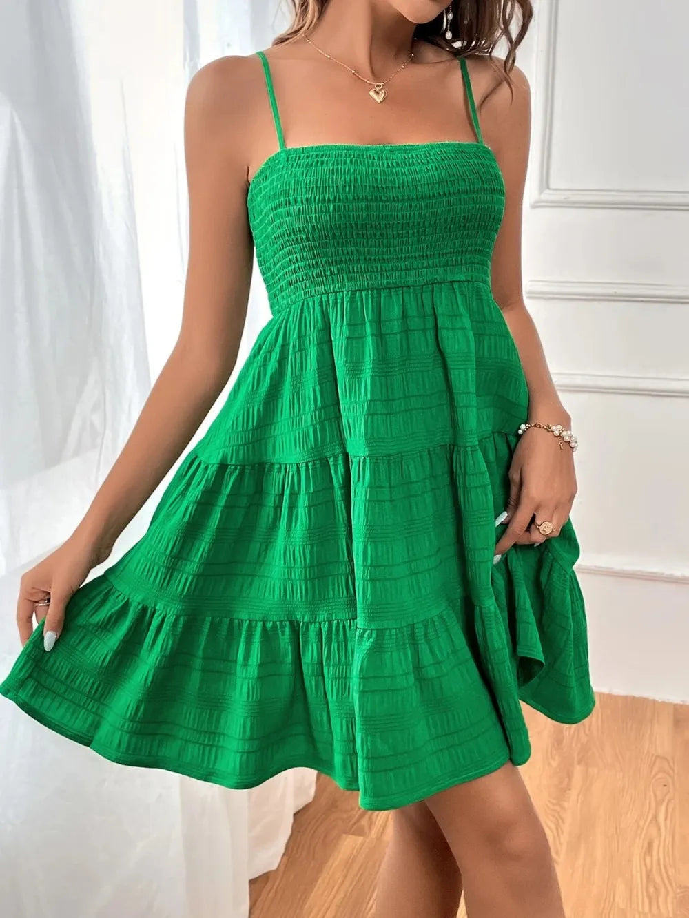 Smocked Tiered Sleeveless Mini Dress – view 9 | Lola Mariee