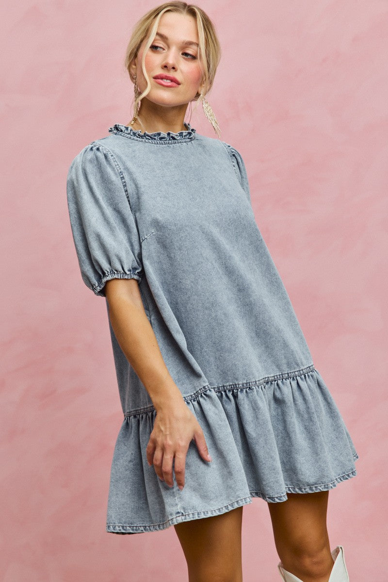 SO ME Denim Short Sleeves Mini Tiered Dress - Trendsi | Lola Mariee