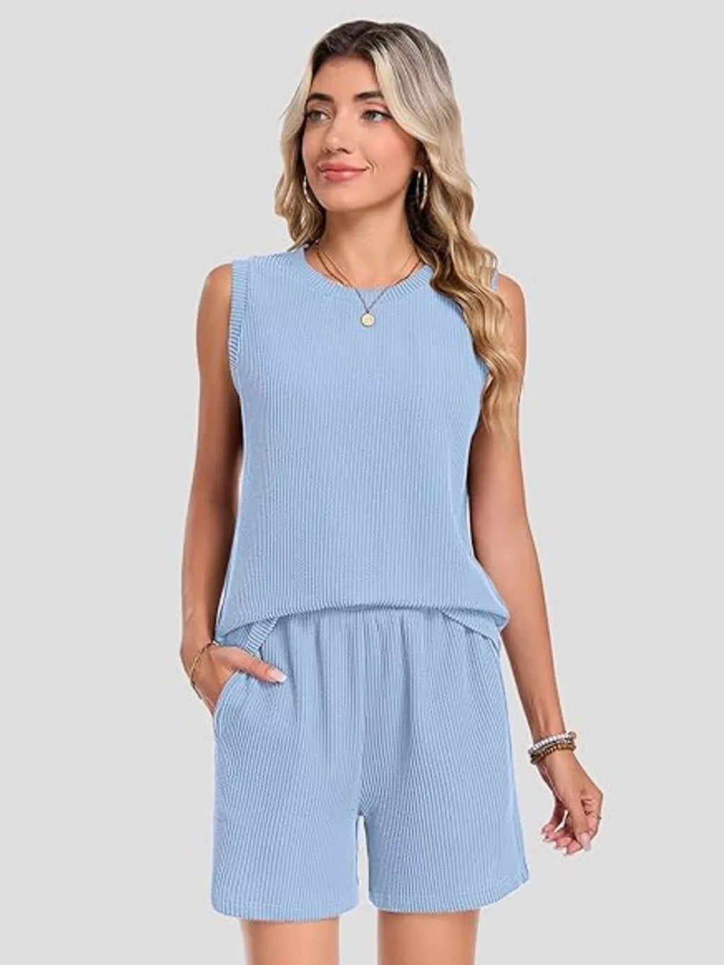 Casual Ribbed Knit Sleeveless Top and Shorts Set - Trendsi | Lola Mariee