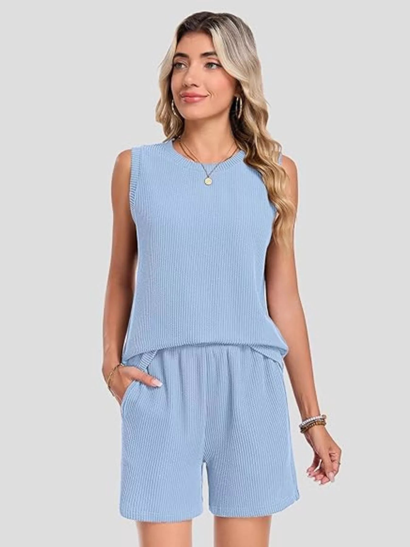 Casual Ribbed Knit Sleeveless Top and Shorts Set - Trendsi | Lola Mariee