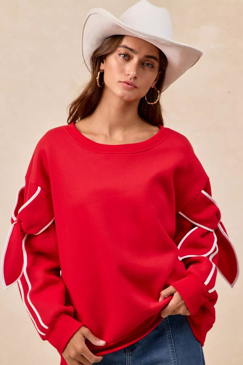 BiBi Bow Detail Sleeves Fleece Sweatshirt - Trendsi | Lola Mariee