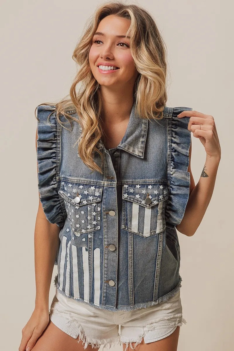 BiBi American Flag Washed Denim Jacket - Trendsi | Lola Mariee