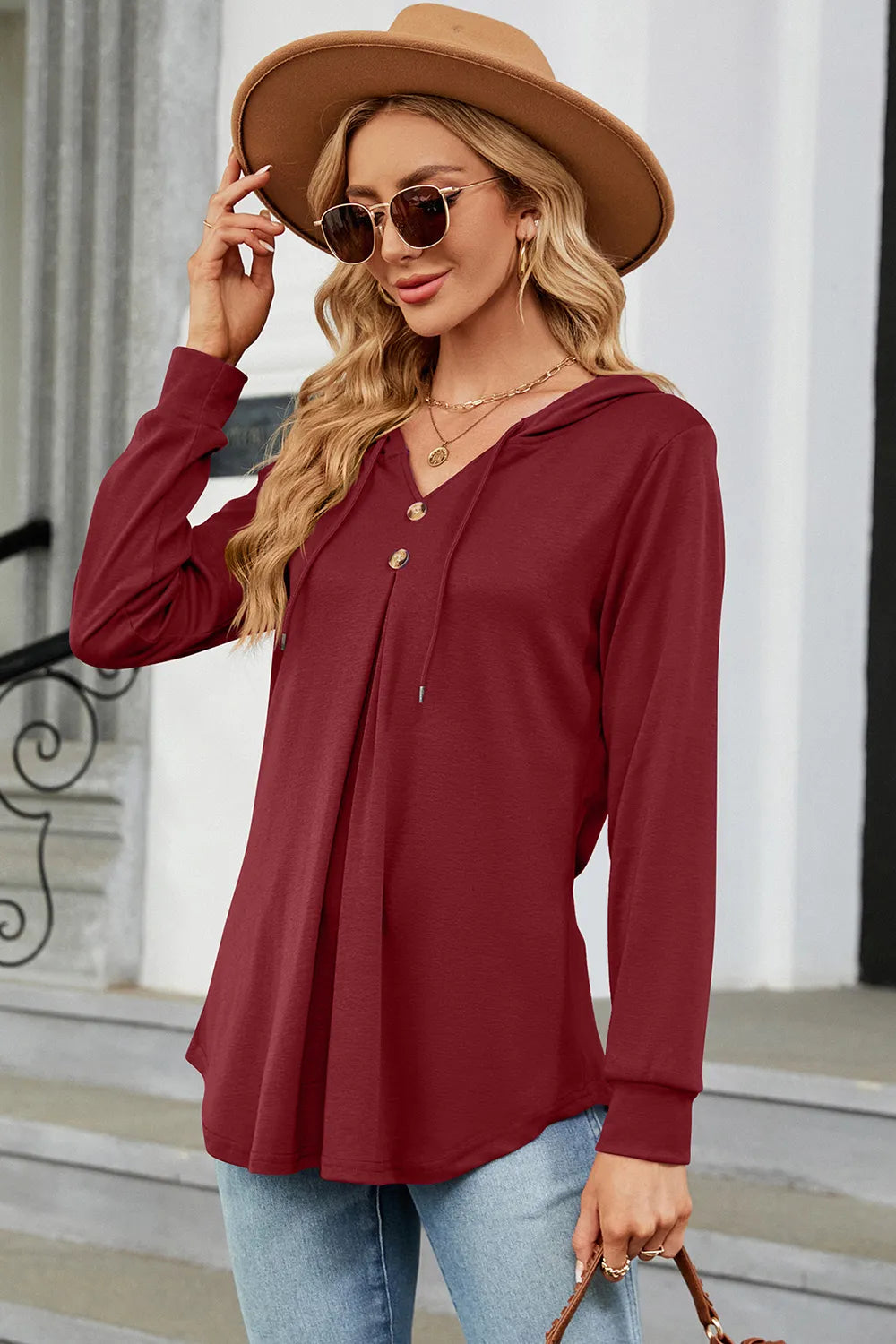 Decorative Button Drawstring Long Sleeve Hoodie - Trendsi | Lola Mariee