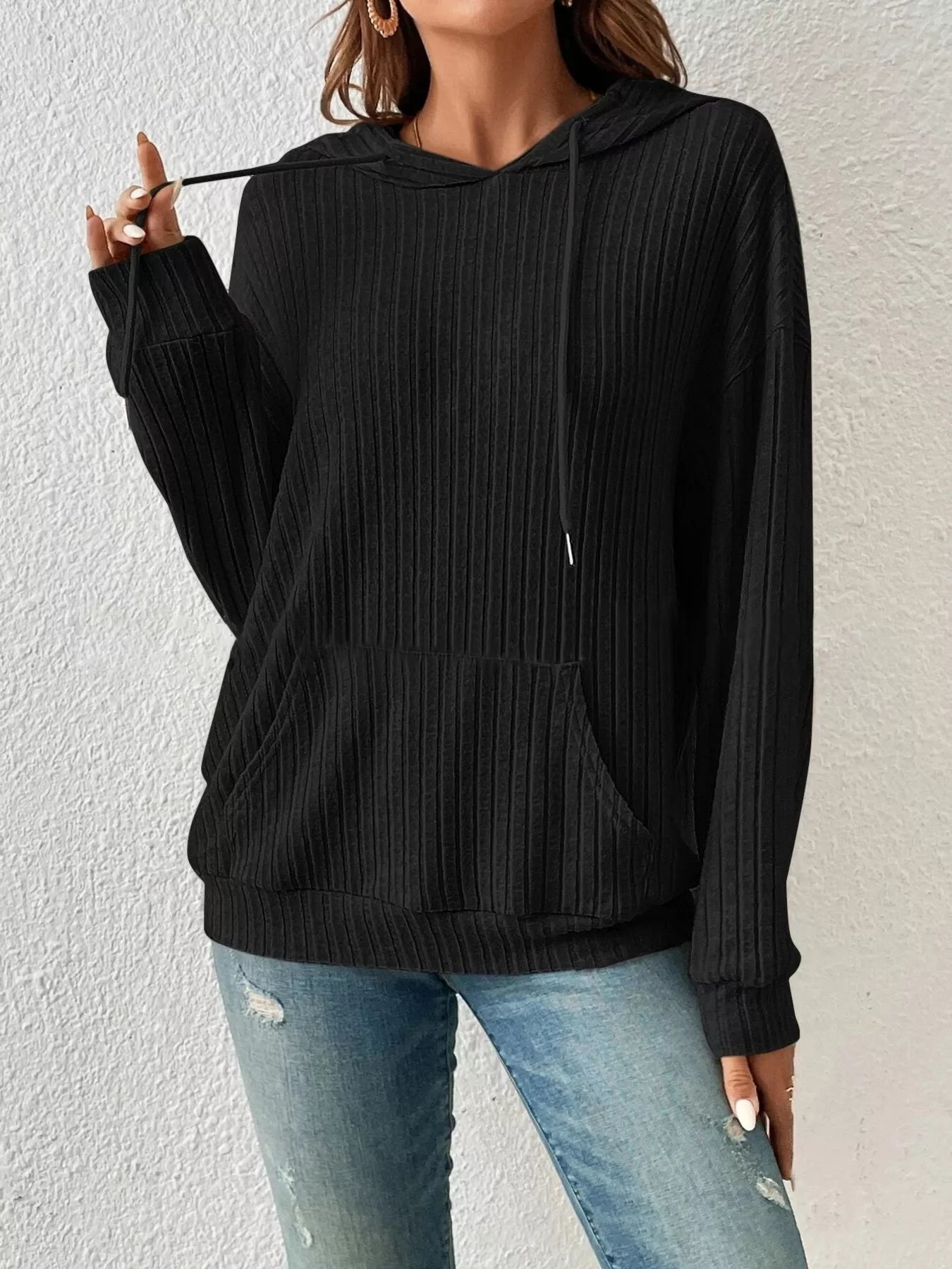 Casual Ribbed Knit Drawstring Hoodie - Trendsi | Lola Mariee