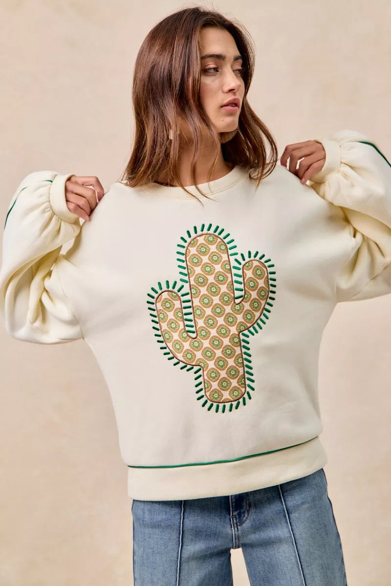 BiBi Cactus Embroidered Fleece Sweatshirt - Trendsi | Lola Mariee
