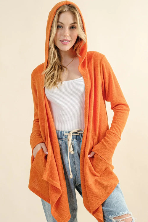 And The Why Full Size Thermal Hooded Open Front Cardigan with Pockets | Lola Mariee