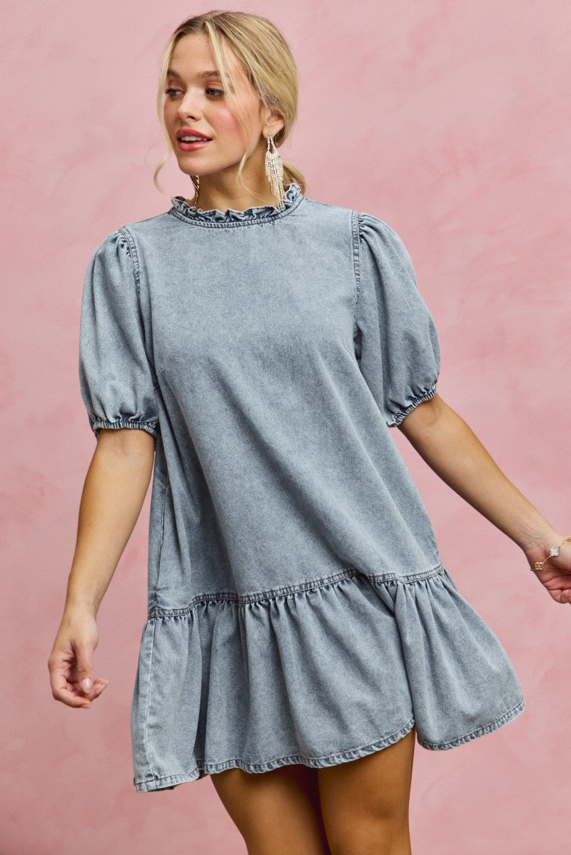 SO ME Denim Short Sleeves Mini Tiered Dress - Trendsi | Lola Mariee
