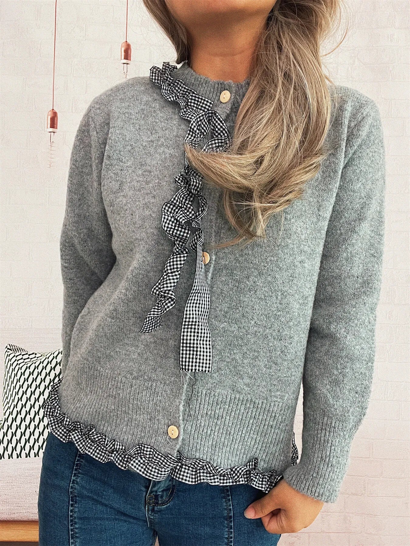 Ruffle Trim Gingham Cardigan – view 6 | Lola Mariee