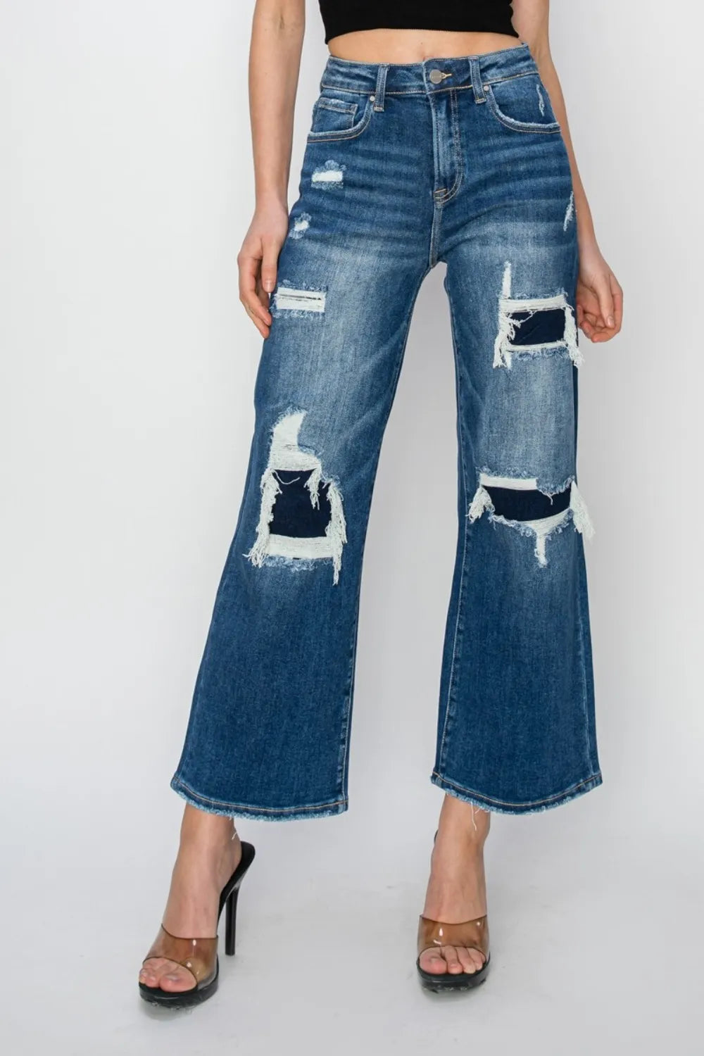 Risen Full Size High Rise Patch Detailed Wide Leg Crop Jeans - women's top at Lola Mariee boutique