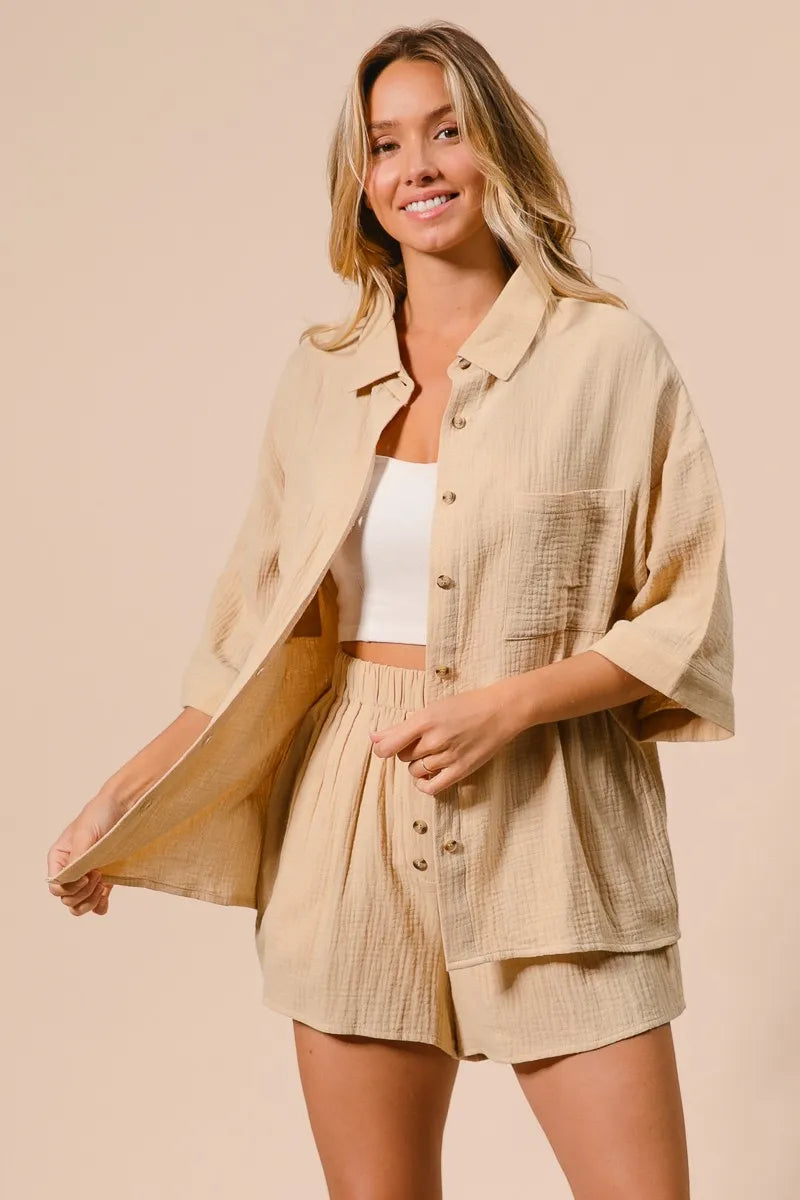 BiBi Crinkle Gauze Shirt and Short Set - Trendsi | Lola Mariee