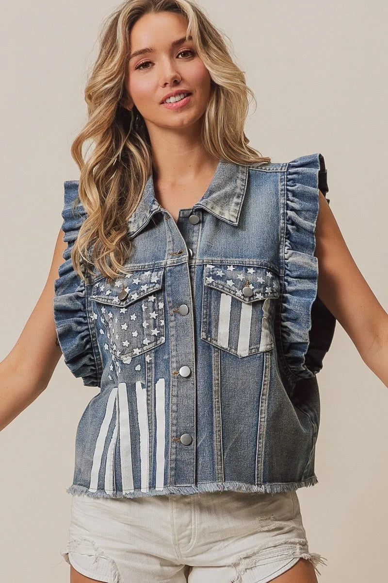 BiBi American Flag Washed Denim Jacket - Trendsi | Lola Mariee