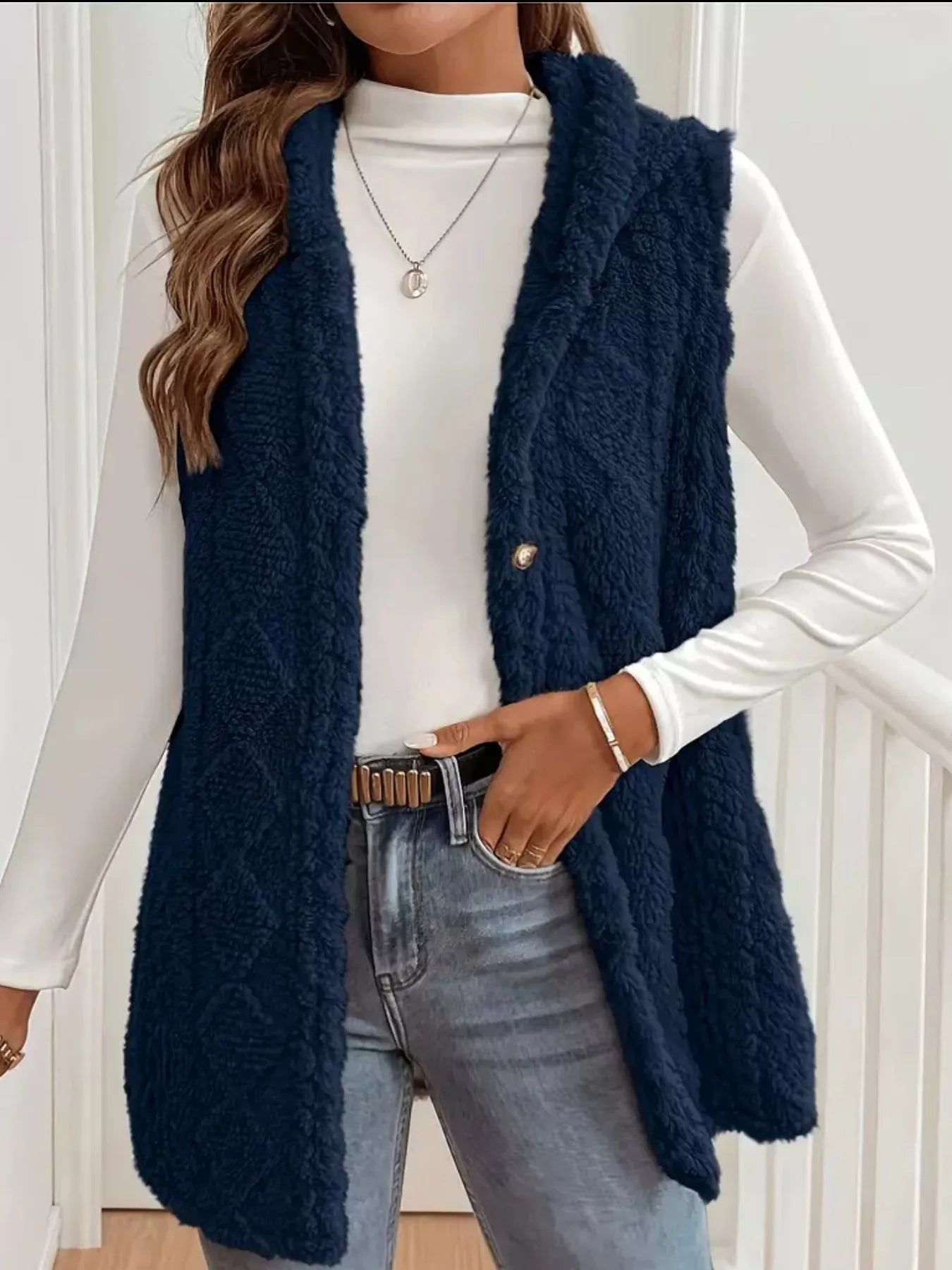 Hooded Button-Up Sherpa Vest Coat – view 6 | Lola Mariee
