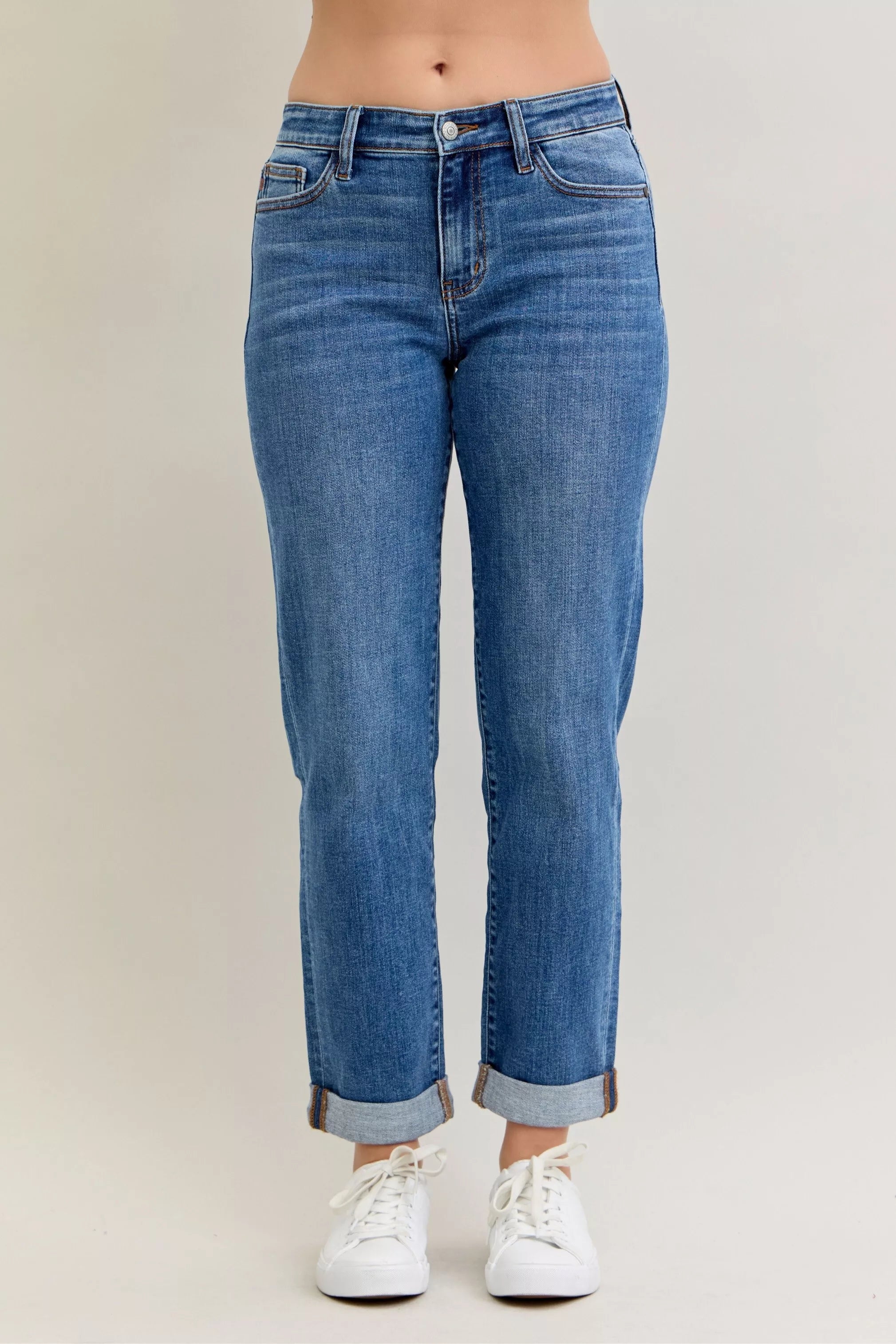 Judy Blue Full Size Mid Rise BF Classic Cuffed Jeans Plus Size - women's bottoms at Lola Mariee boutique