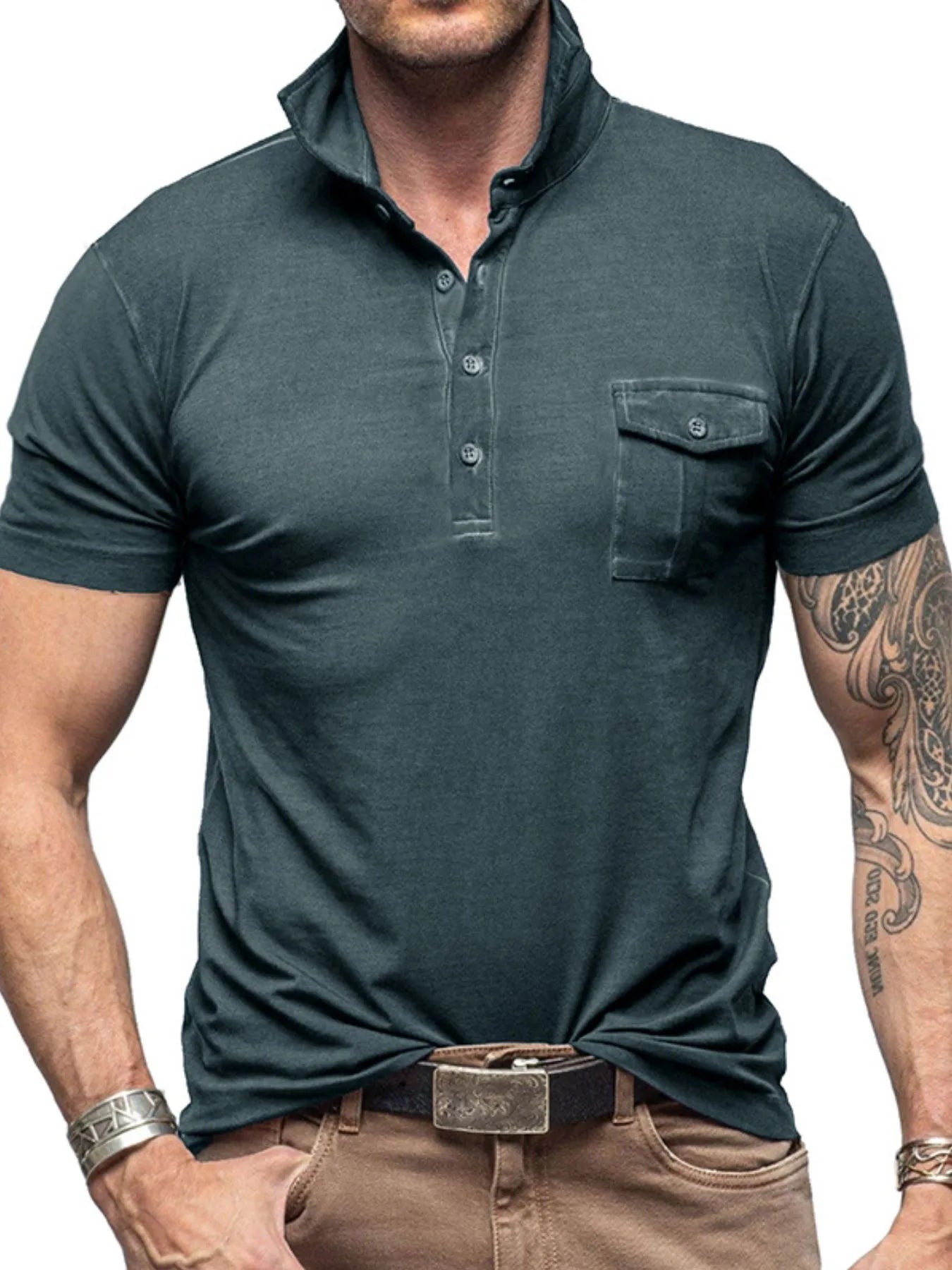 Men's Classic Pocket Polo Shirt with Stand Collar – view 9 | Lola Mariee