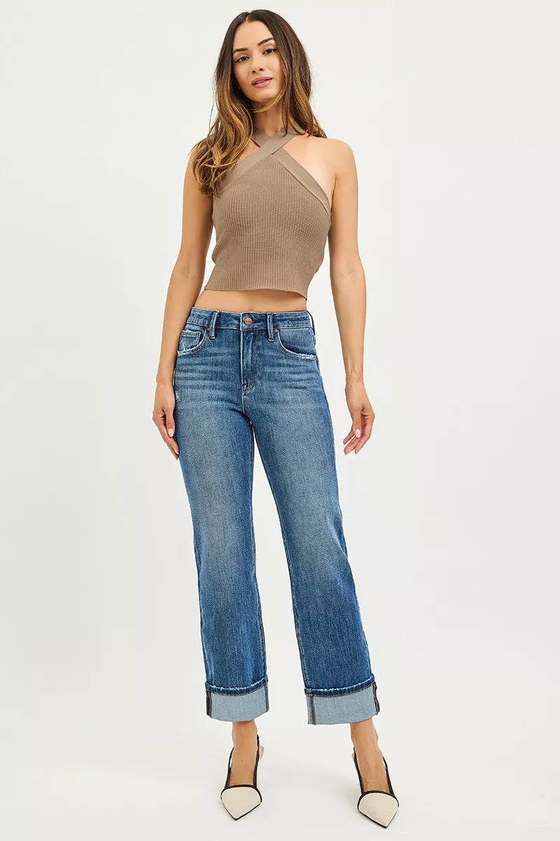 RISEN Full Size 4 Way Stretch Slouchy Straight Jeans with Cuffed Hem Plus Size - LOLA MARIEE | Lola Mariee
