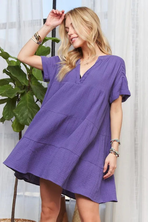 ADORA Tiered Notched Short Sleeve Dress – view 2 | Lola Mariee